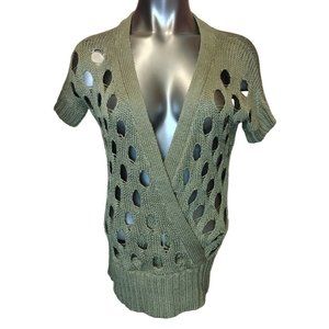 BCBGMAXAZRIA Womens M Olive Green Cutout Short Sleeve Knit Deep V-Neck Sweater